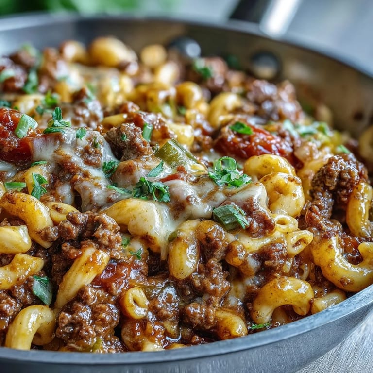A close-up of One-Pan Cheeseburger Chili Mac, showing elbow pasta coated in creamy cheese, savory beef, and a hint of ketchup-mustard glaze.