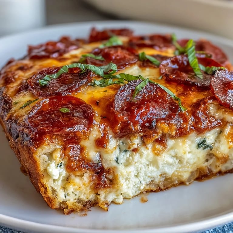 Sliced High-Protein Pizza Breakfast Casserole served warm, showcasing fluffy eggs, mozzarella, and a Greek yogurt dough crust.
