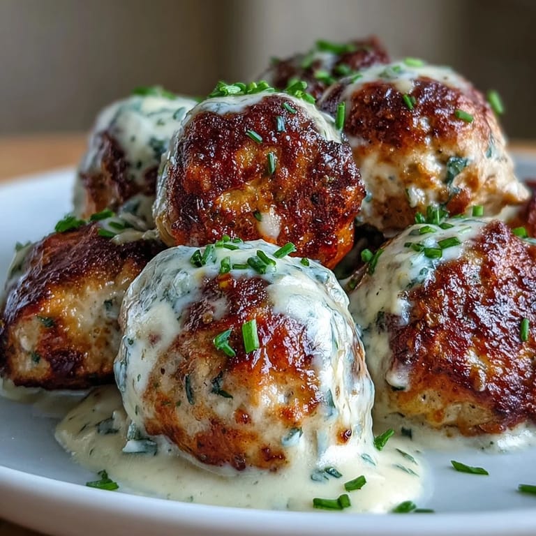Tender Creamy Garlic Ranch Turkey Meatballs are served over mashed potatoes with a drizzle of velvety sauce.