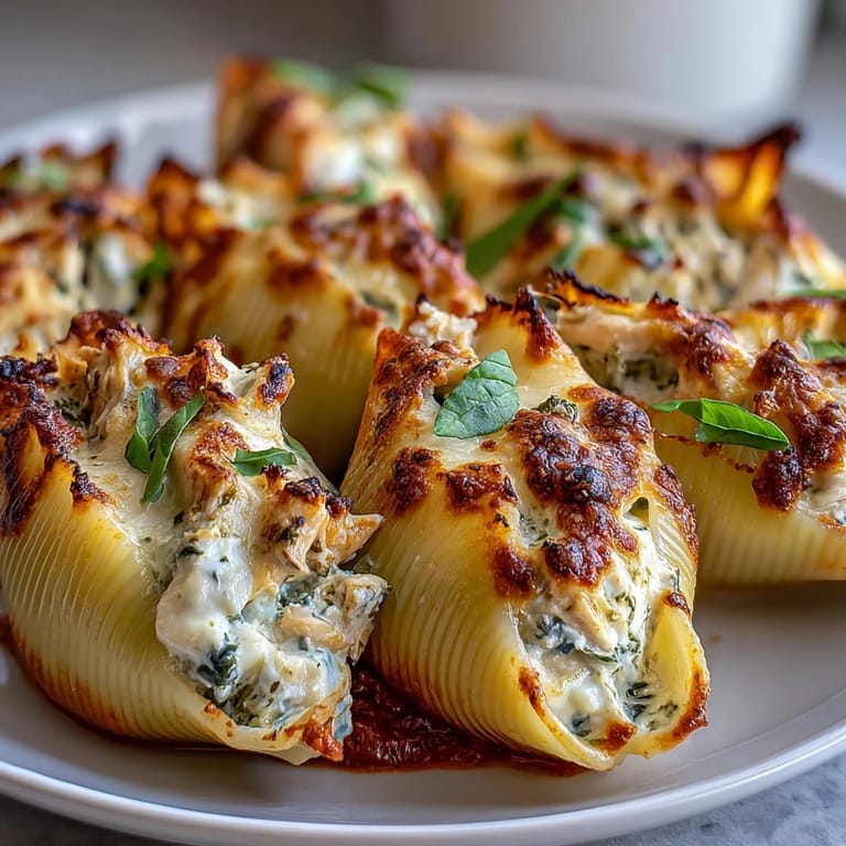 Twelve jumbo pasta shells filled with creamy Greek yogurt pesto chicken, baked in zesty marinara.