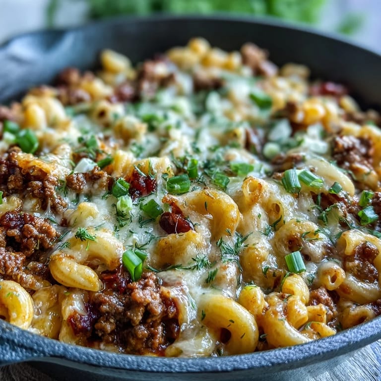Two bowls of creamy One-Pan Cheeseburger Chili Mac beside a burger bun, showcasing melted cheddar and tangy pickle garnish for family-style serving.