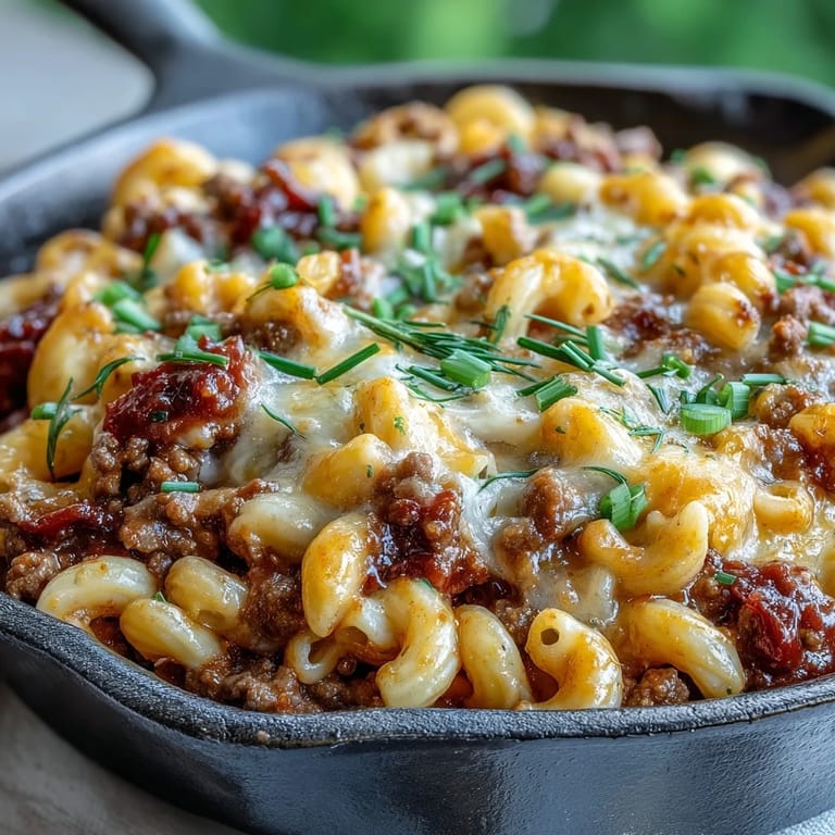 Freshly chopped pickles and green onions sprinkled over One-Pan Cheeseburger Chili Mac, highlighting the hearty ground beef and pasta texture.