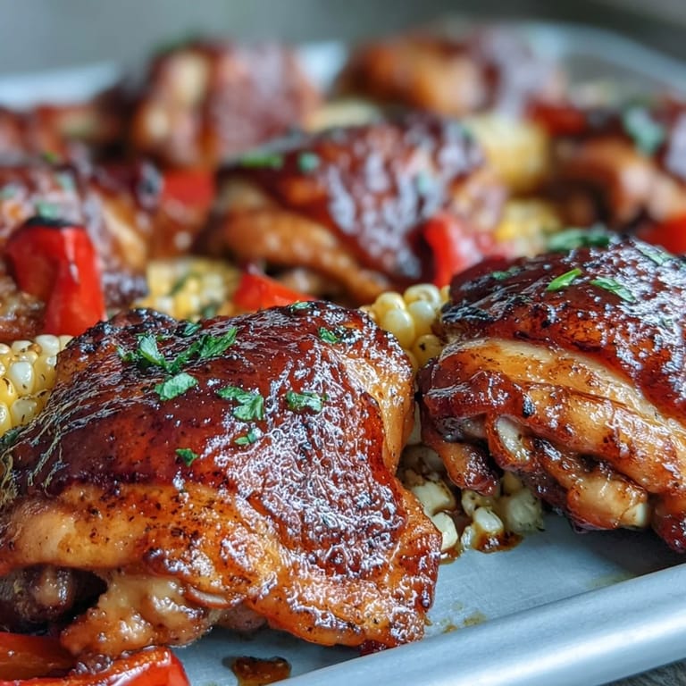 Juicy Sheet Pan BBQ Chicken with Corn on the Cob and Peppers on a rustic board with extra barbecue sauce for dipping.