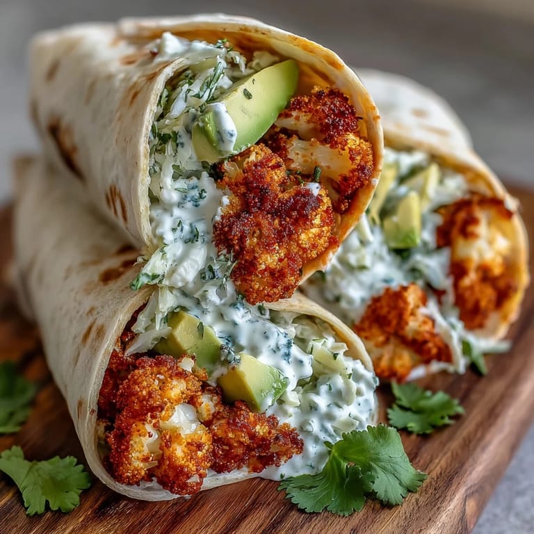 A halved Vegan Buffalo Cauliflower Wrap reveals vibrant slaw and avocado, ready for a satisfying lunch.