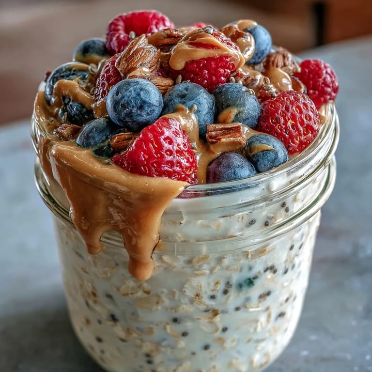 Overnight oats with juicy berries and almond butter swirl, ready to eat straight from the jar.