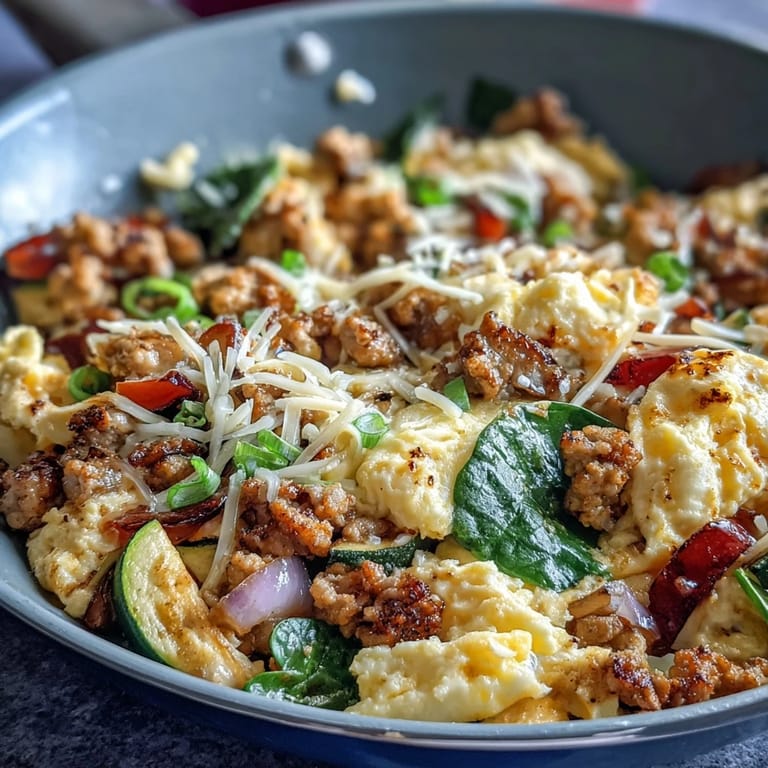 A close-up of Keto Sausage and Veggie Breakfast Scramble topped with melted cheddar.