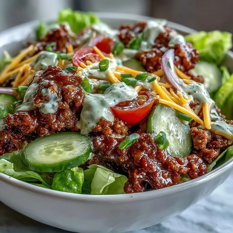 Bright tomatoes and dill pickles add crunch to a low-carb High-Protein Cheeseburger Bowl, served with a creamy homemade dressing.