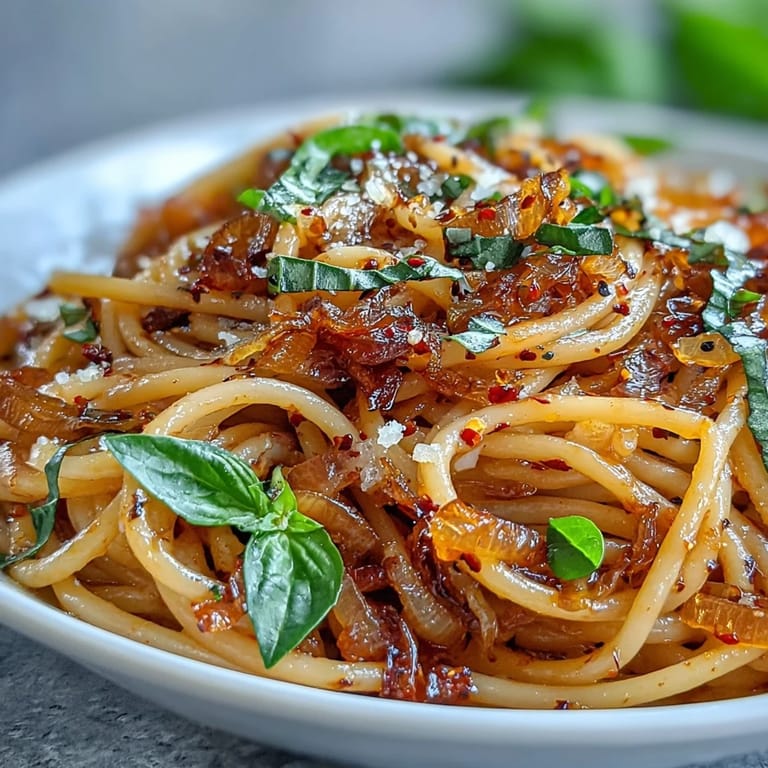Aromatic chili oil drizzled over pasta with golden caramelized onions and fresh basil.  