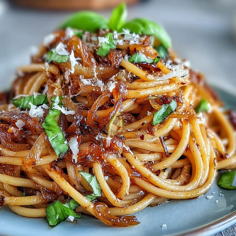 Spicy chili oil coats tender pasta mixed with sweet caramelized onions and herbs.