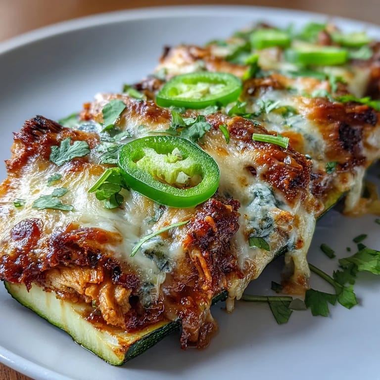 Low-carb zucchini stuffed with spiced shredded chicken and enchilada sauce, topped with gooey melted cheese for a keto-friendly meal.  