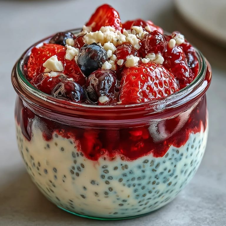 Creamy chia pudding topped with colorful summer berries and coconut flakes in glass jars, perfect for nutritious meal prep.