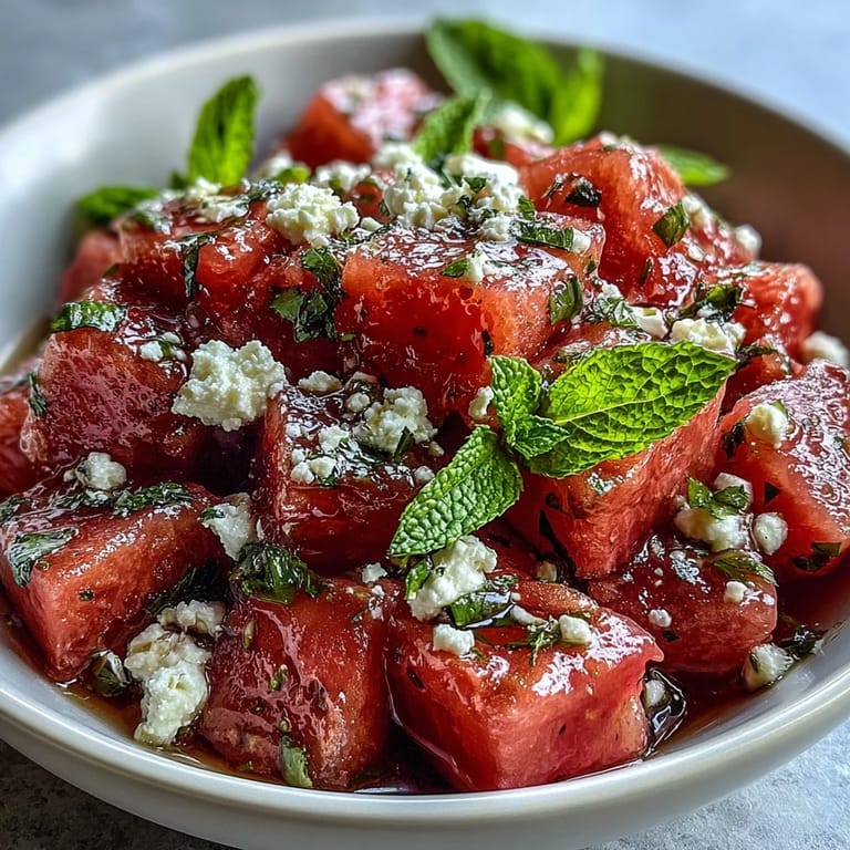 Refreshing watermelon feta mint salad combines crisp fruit, tangy cheese, and bright herbs for a light Mediterranean side dish.