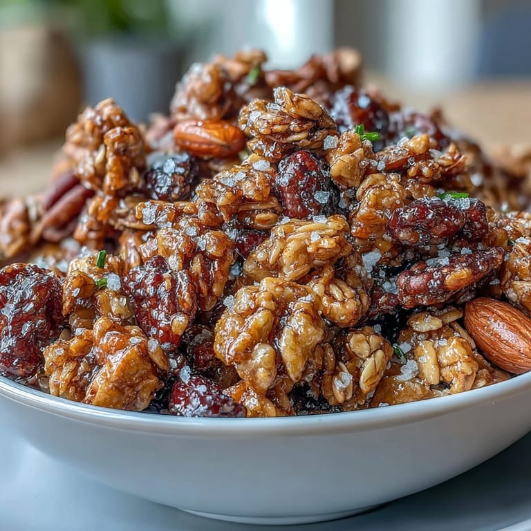 Golden baked granola sprinkled with fleur de sel, featuring clusters of oats, nuts, and coconut for a sweet-salty crunch.