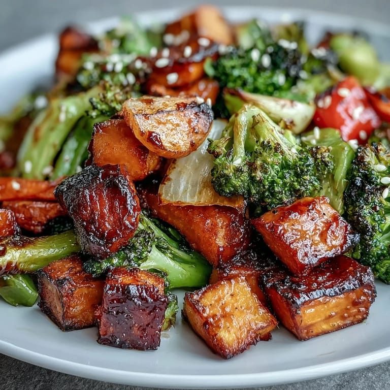 A sheet pan of seasonal vegetables roasted until tender, coated in a glossy miso-butter glaze with hints of sweetness.