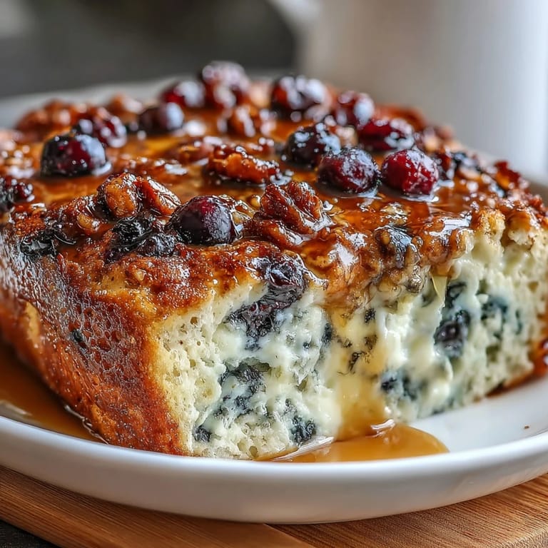 High-protein breakfast casserole featuring creamy cottage cheese, oats, and fresh blueberries for a nourishing start.  