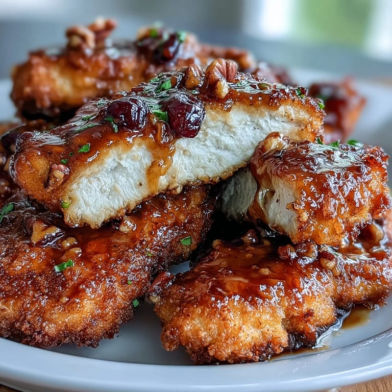 A comforting bowl of juicy maple Dijon chicken, caramelized sweet potatoes, and crispy Brussels sprouts, topped with toasted pecans and cranberries.