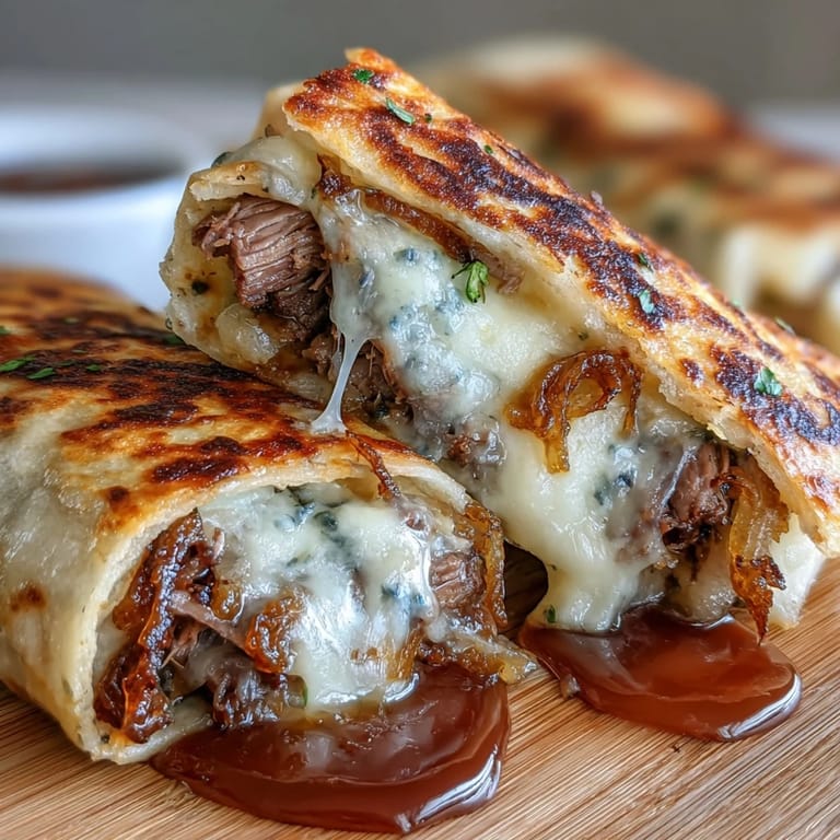 Golden baked tortilla roll ups stuffed with roast beef, provolone, and fried onions, served with a rich, savory au jus sauce.