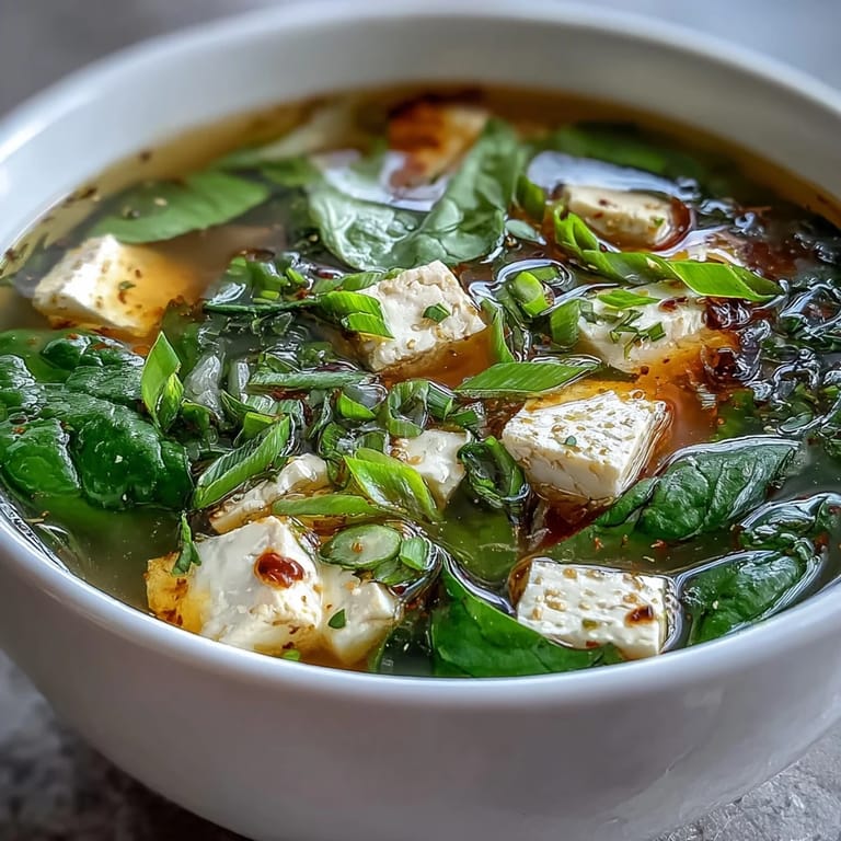 Delicate Japanese miso soup featuring tender tofu cubes, vibrant spinach, and aromatic green onions in a comforting dashi base.  