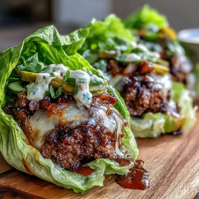 Crispy lettuce leaves cradle savory cheeseburger patties topped with dill pickles, red onion, and a rich, keto-friendly secret sauce in this satisfying meal.