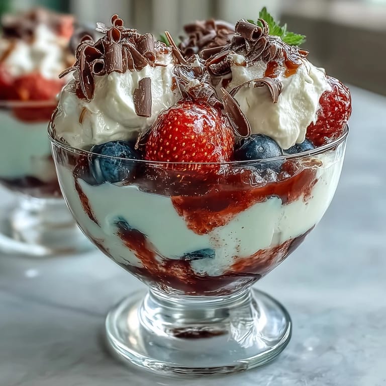 Creamy yogurt and mixed berries layered in glasses, finished with dark chocolate shavings and mint garnish.