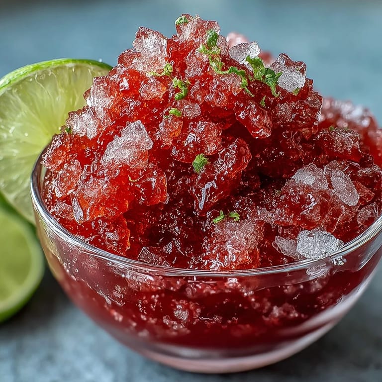 Strawberry Lime Daiquiri Granita Dessert Cups: Sweet, tangy granita made with fresh strawberries and zesty lime, frozen to a fluffy texture and perfect for warm weather gatherings.