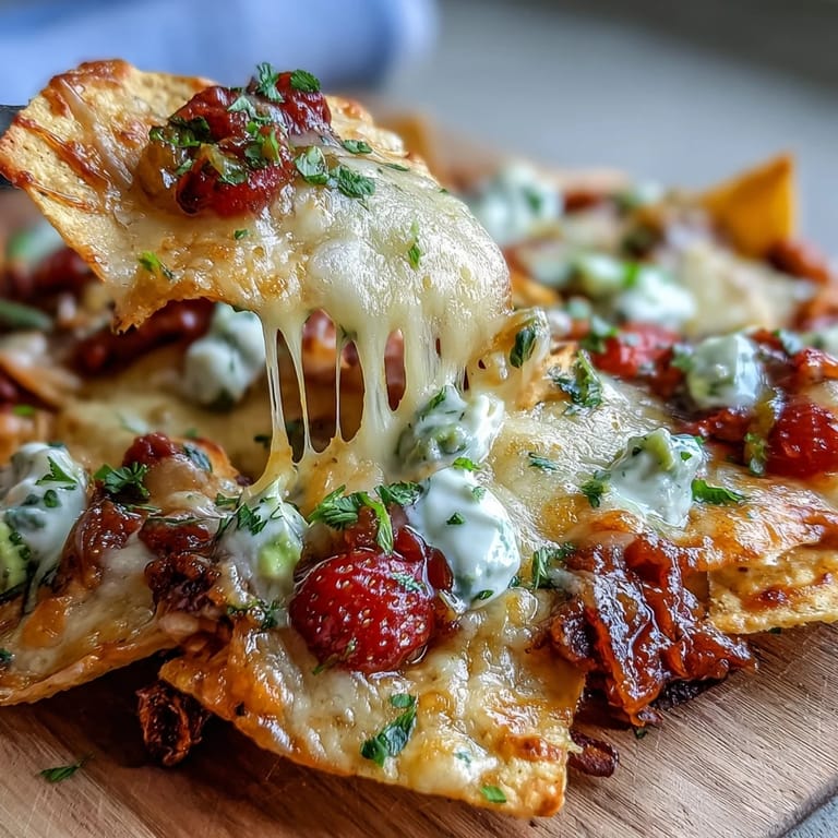 Festive nacho platter topped with zesty strawberry salsa, fresh cilantro, and jalapeños—perfect for sharing at summer gatherings or BBQs.