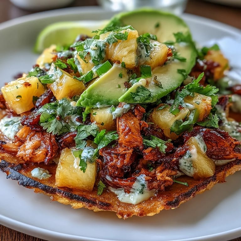 Vibrant Mexican tostadas topped with zesty chicken, sweet pineapple salsa, and smooth avocado for a fresh meal.  