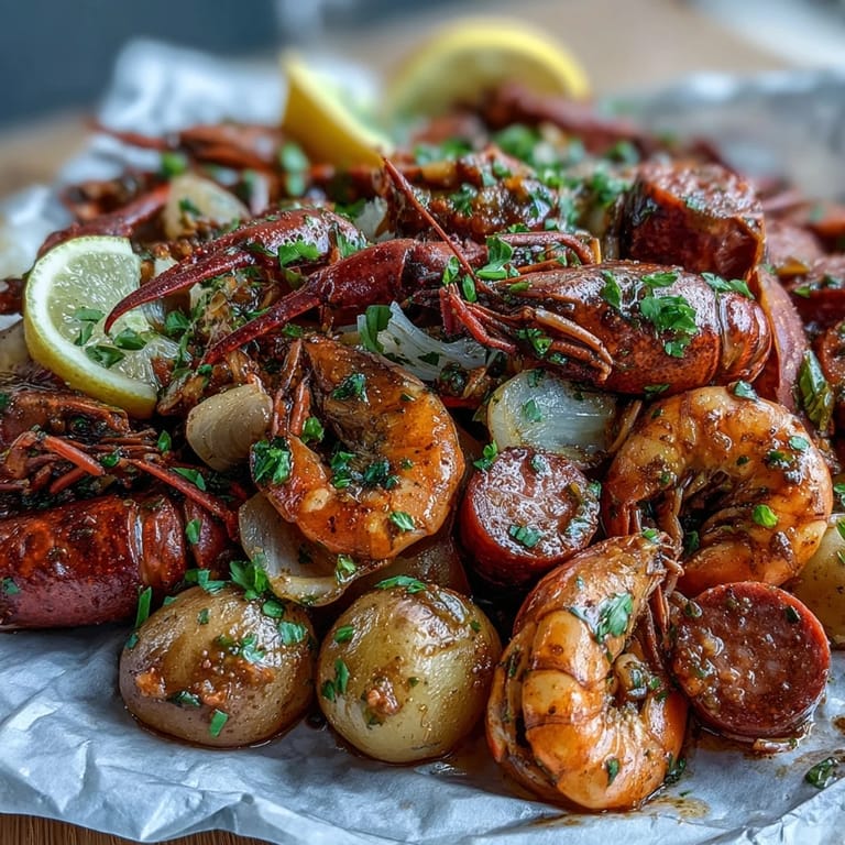 Mess-free crawfish boil foil packets featuring seasoned crawfish, sweet corn, baby potatoes, and lemon, grilled until piping hot and ready to serve.