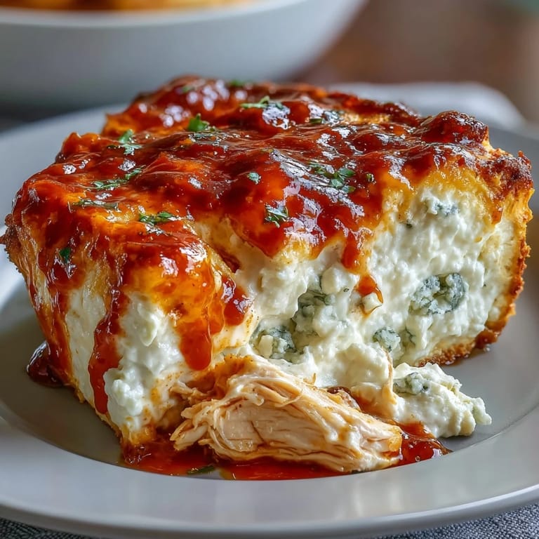Spicy and protein-packed cottage cheese Buffalo chicken dip, garnished with green onions, served warm with crisp vegetables and crackers for dipping.