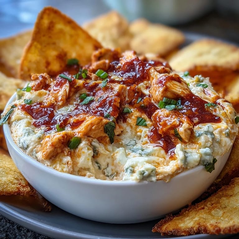 High-protein cottage cheese buffalo chicken dip served hot with crunchy celery sticks, tortilla chips, and carrot sticks for dipping.  