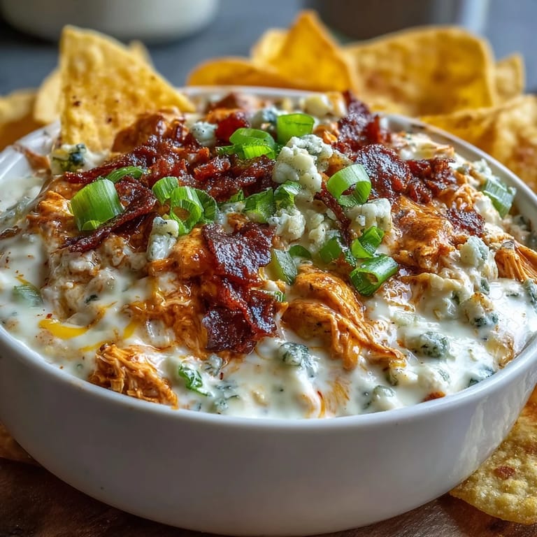 Rich and tangy cottage cheese buffalo chicken dip topped with green onions and crumbled blue cheese, perfect for game day gatherings.