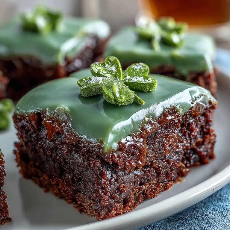 Rich chocolate brownies cut into shamrock shapes and decorated with creamy green icing for a fun holiday dessert.