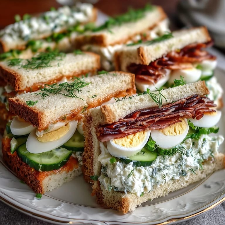 Colorful assortment of finger sandwiches, including creamy egg salad, crisp cucumber, and savory ham, artfully displayed for a charming Derby party appetizer.