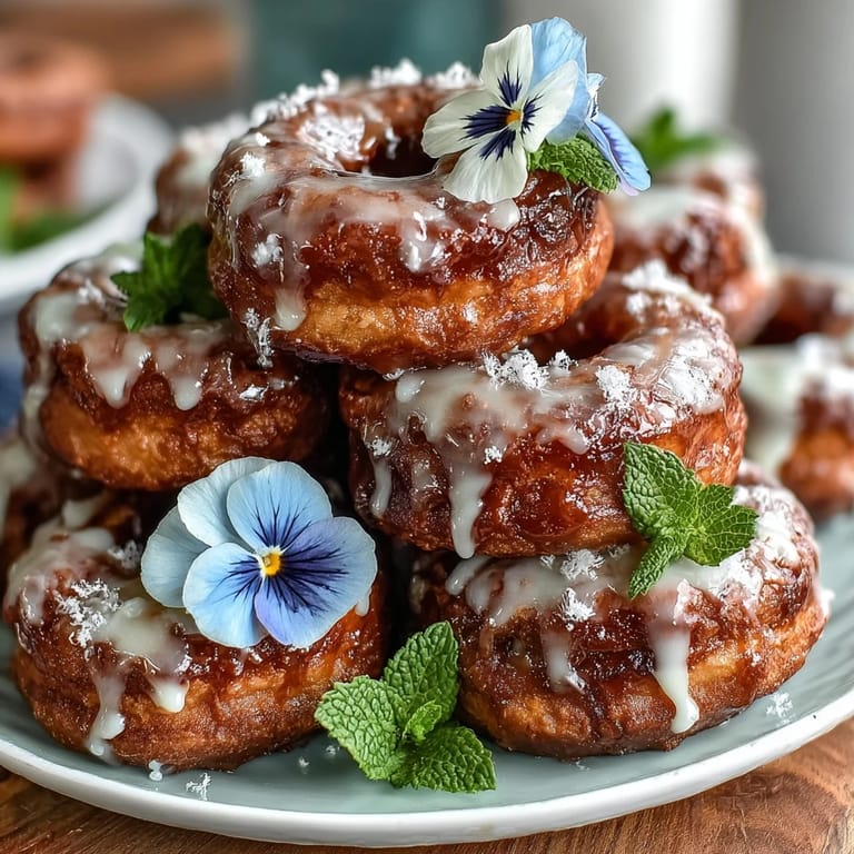 Mini Donut Tower with Flowers, pastel glazed donuts stacked in a blooming tower, perfect for spring celebrations.