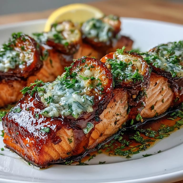Asparagus and salmon fillets roasted together in a golden garlic butter sauce, garnished with lemon slices for a bright spring meal.