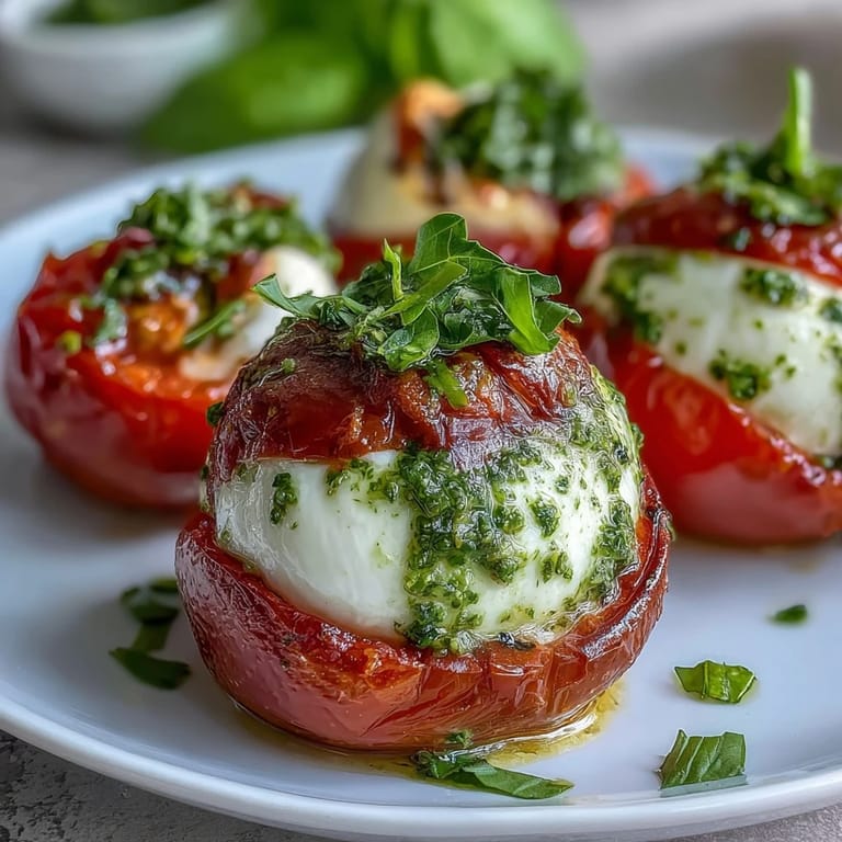 Colorful Caprese skewers with pesto drizzle, perfect for summer parties and easy entertaining.  