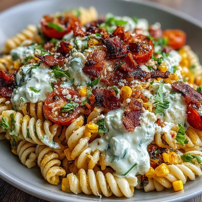 Charred corn and pasta salad tossed in zesty lime dressing, topped with cotija cheese and fresh cilantro