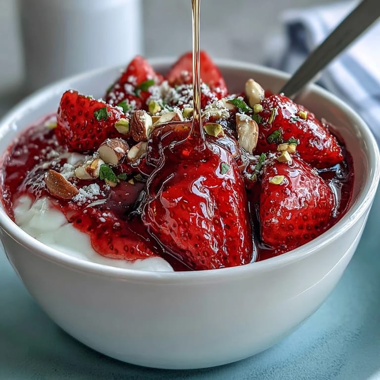 Creamy Greek yogurt topped with warm strawberry compote, crunchy nuts, and a golden honey drizzle for a refreshing and wholesome breakfast treat.