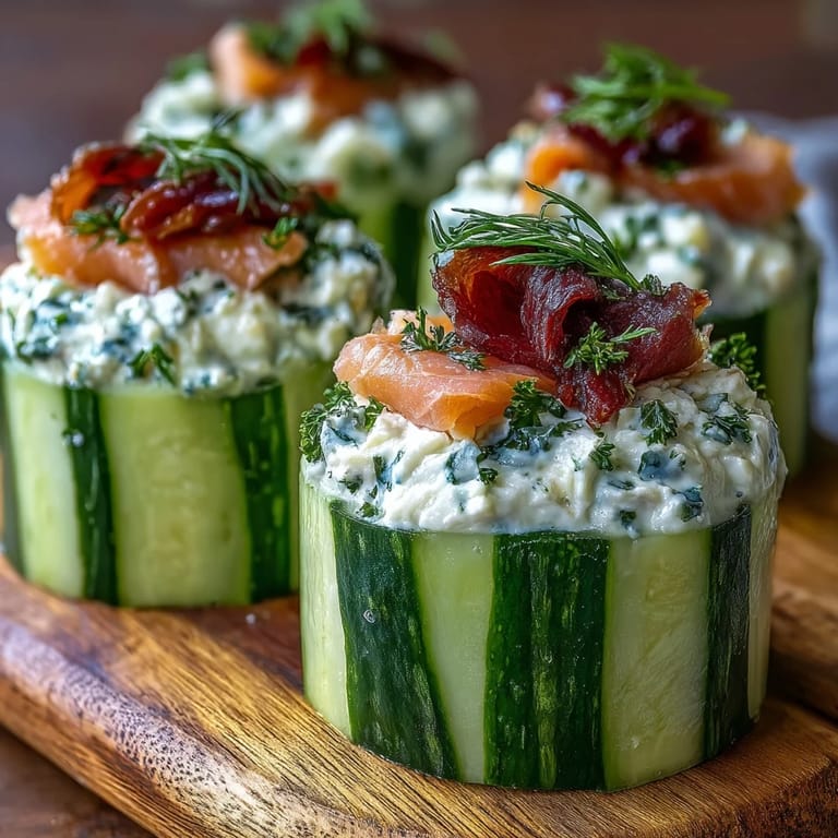 Creamy dill-infused cheese spread on crisp cucumber rounds, finished with smoked salmon and bright lemon zest for a summer party snack.