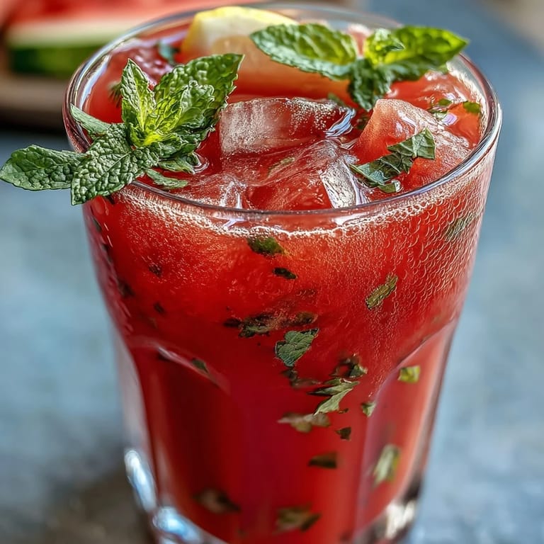 Vibrant pink watermelon mint lemonade served over ice, garnished with mint sprigs and lemon wheels, ideal for cooling off on hot days.