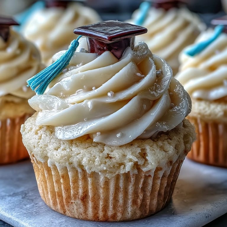 Adorable vanilla cupcakes with buttercream frosting and fondant graduation cap toppers, ideal for celebrating graduates and special milestones.