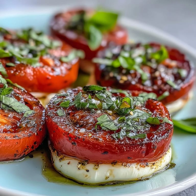 Vibrant Caprese salad with basil oil drizzle, showcasing juicy heirloom tomatoes, fresh mozzarella, and aromatic basil leaves.