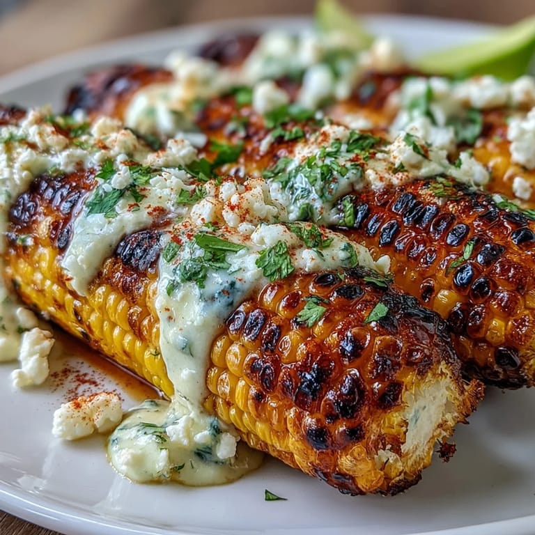Sweet grilled corn slathered in rich elote sauce, sprinkled with Cotija cheese and chili, served with a lime wedge.