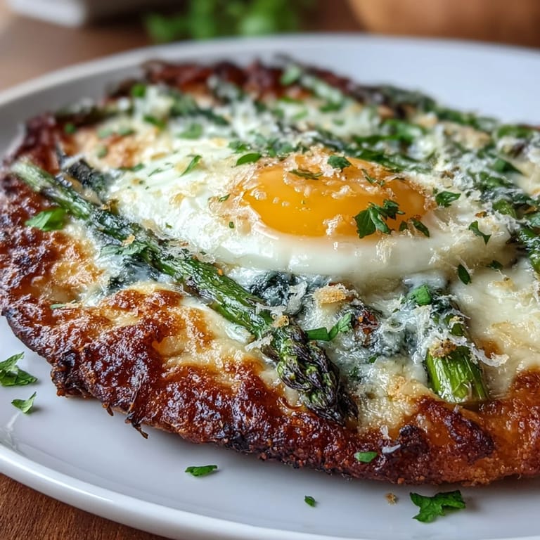 Savory asparagus and egg flatbread, topped with parmesan, black pepper, and fresh chives for a satisfying meal.