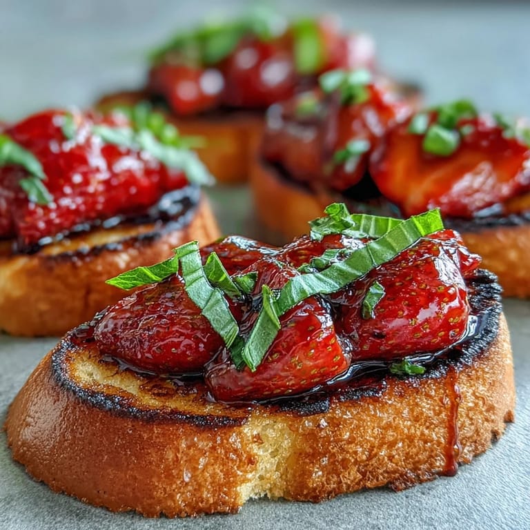Showcasing vibrant Strawberry Balsamic Bruschetta, a refreshing appetizer ready to serve.