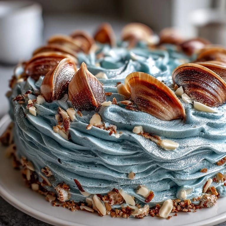 Seaside Cancer Zodiac Cake featuring swirling blue frosting and delicate edible shells.
