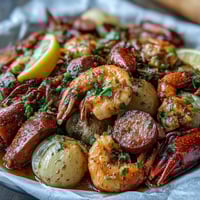 Juicy crawfish tails, shrimp, corn, and potatoes seasoned with Cajun spices, all grilled together in foil for a smoky, flavorful Southern feast.  