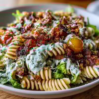 Creamy avocado ranch BLT pasta salad with crispy bacon, juicy tomatoes, and fresh lettuce in a vibrant summer dish.