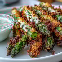 Crispy Chili-Garlic Asparagus Fries with golden panko, Asiago cheese, and a spicy sriracha mayo dip, served hot and crunchy.