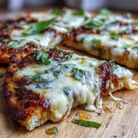 Garlic Naan Margherita Pizzas with golden crust, bubbly mozzarella, and fresh basil leaves, served hot on a rustic wooden board.